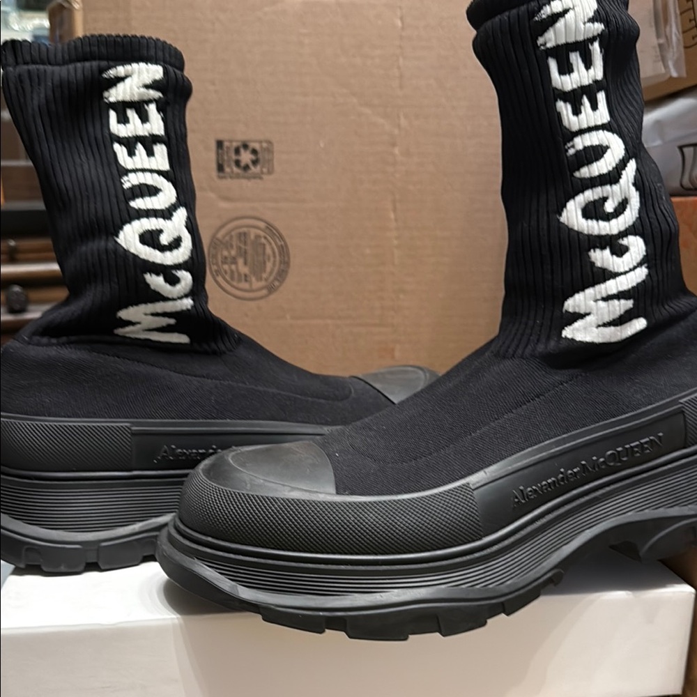 Alexander McQueen Black and White Logo Sock Boots